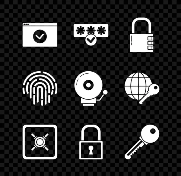 Configurar Asegure su sitio con HTTPS, SSL, Protección por contraseña y acceso de seguridad, Cerradura de combinación segura, Cerradura, Llave, Huella dactilar y timbre de alarma icono. Vector — Archivo Imágenes Vectoriales