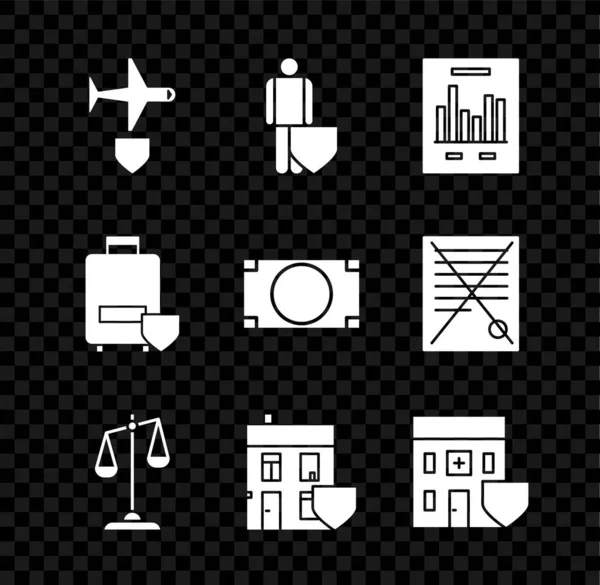 FPS, Life insurance, Document graph chart, Scales of Justice, House, Medical hospital building, Traveling 수하물 및 Stacks paper money icon 이 있는 평면을 설정 한다. Vector — 스톡 벡터