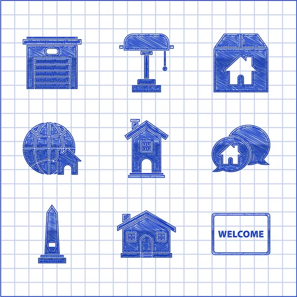 Set Accueil symbole, Maison, Tapis de porte avec le texte Bienvenue, bâtiment dans la bulle de discours, monument de Washington, Globe House, boîte en carton et icône de garage. Vecteur — Image vectorielle