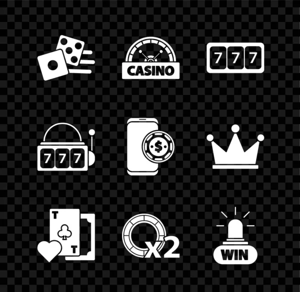 Set Game dice, Casino signboard, Slot machine with lucky sevens jackpot, Playing card clubs symbol, chips, win, and Online poker table game icon. Vector — Stock Vector