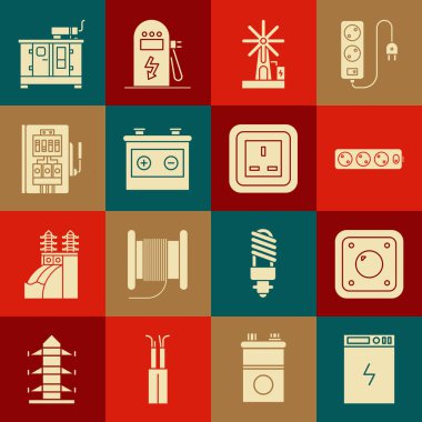 Güç bankası, elektrik düğmesi, uzatma kablosu, rüzgar türbini, araba aküsü, elektrik paneli, dizel güç jeneratörü ve çıkış ikonu. Vektör