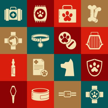 Veteriner kliniği sembolü, hayvan sağlığı sigortası, hayvan taşıma çantası, ilk yardım çantası yakalı yaka kartı ve ilaç ikonu. Vektör