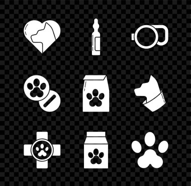 Kedili Kalp, evcil hayvan tüpü tıbbi tasması, geri çekilebilir ip tasması, veteriner kliniği sembolü, evcil hayvan için yiyecek çantası, pençe izi, köpek ve haplar ve ikon. Vektör