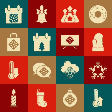Meteoroloji termometresi, kar tanesi, Noel eldiveni, Noel Baba çantası hediyesi, takvim, kağıt alışverişi ve televizyon ikonu Merry. Vektör