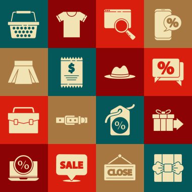 Hediye kutusunu ayarlayın, yüzde indirim etiketi, tarayıcı penceresinde arama, kağıt kontrol ve mali kontrol, etek, alışveriş sepeti ve kurdele ikonlu erkek şapkası. Vektör
