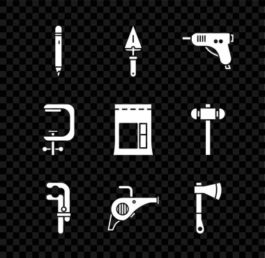 Kalemi silgi, sopa, elektrikli tutkal tabancası, klemp aleti, yaprak üfleyici, tahta balta ve vida ve çimento poşeti ikonu ile ayarla. Vektör