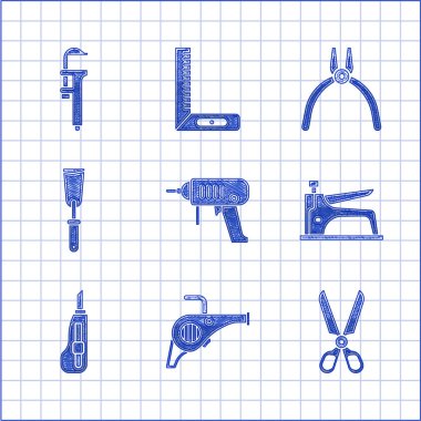 Elektrikli matkap, bahçe üfleyicisi, makas, inşaat zımbası, kırtasiye bıçağı, macun, pense aleti ve Calliper kalibre ve ölçek simgesi. Vektör