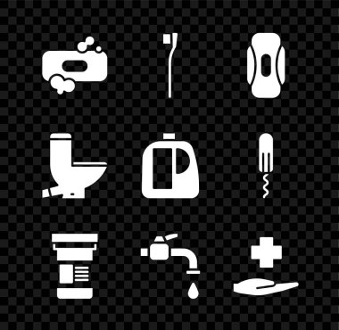 Bir kalıp sabun, diş fırçası, hijyenik peçete, ilaç şişesi, su musluğu, haç hastanesi sağlık, temizlik maddesi ikonu için klozet ve şişe. Vektör