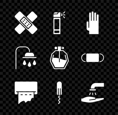 Çapraz bandaj bandı, hortum spreyi, lastik eldiven, duvarda kağıt havlu makinesi, hijyenik tampon, ellerini yıkama sabunu, duş başlığı ve parfüm ikonu. Vektör