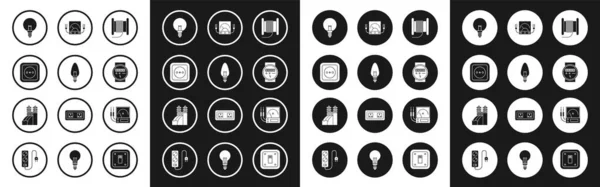 Establecer cable eléctrico de alambre en un carrete o tambor, bombilla, toma de corriente eléctrica, medidor, amperímetro, multímetro, voltímetro, y el icono de la planta de energía nuclear. Vector — Archivo Imágenes Vectoriales