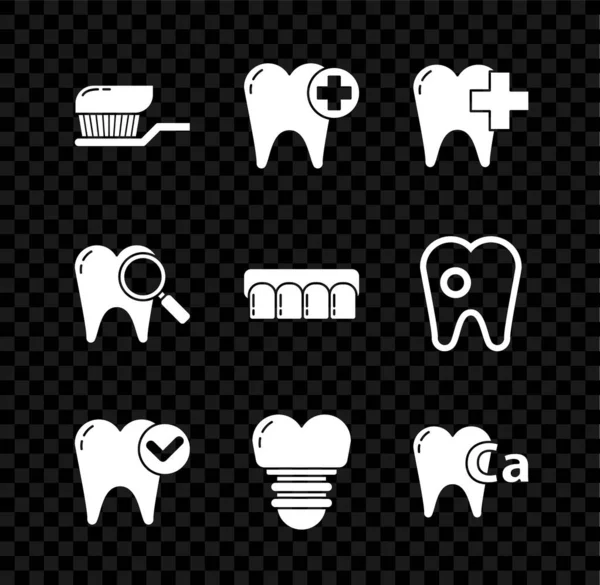 Set escova de dentes com pasta de dentes, Clínica odontológica para cuidados dentários, conceito de clareamento, implante, Cálcio, pesquisa e ícone modelo Dentures. Vetor —  Vetores de Stock