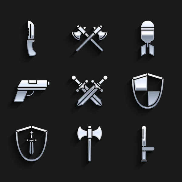 Set Espada medieval cruzada, hacha medieval, bastón de goma de la policía, escudo, escudo con, pistola, bomba de aviación y cuchillo militar icono. Vector — Archivo Imágenes Vectoriales