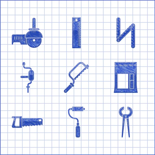 Set Hacksaw, Malerpinsel, Zange und Zange, Zementtasche, Hand, Bohrmaschine, Lineal und Winkelschleifer-Symbol. Vektor — Stockvektor