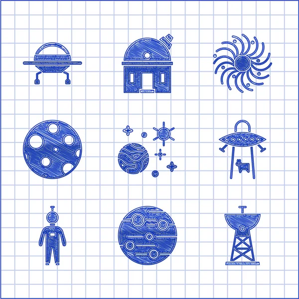 우주와 행성, 행성 화성, 위성 접시 , UFO 납치 소, 우주 비행사, 달, 블랙홀, 비행 우주선 아이콘. Vector — 스톡 벡터