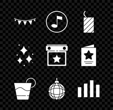 Bayraklı karnaval çelengi, nota, ton, havai fişek roketi, Kokteyl, Disko topu, eşitleyici ve takvim parti ikonu. Vektör