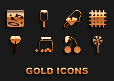 İçinde şeker olan cam kavanozu hazırlayın, Kraker bisküvisi, lolipop, kiraz, dondurma, şeker paketi ve ikon. Vektör