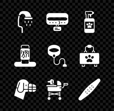 Evcil hayvan duşu, yaka kartı, şampuan, ağızlık, bebek arabası, tırnak törpüsü, kedi tırmalama direği ve geri çekilebilir ip tasması ikonu. Vektör