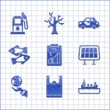 Küresel ısınma, plastik torba, petrol tankeri, güneş enerjisi paneli, dünyayı tutan eller, ölü balık, araba ve benzin ikonu ya da benzin istasyonu ikonu. Vektör