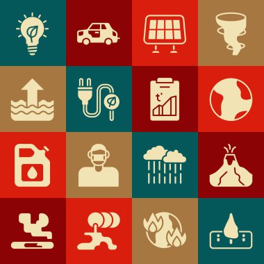 Ormanların tahrip edilmesini, volkanların patlamasını lav, Dünya küresi, güneş enerjisi paneli, yaprakların elektrik prizi, yükselen su seviyesi, ampul ve küresel ısınma ikonu ile ayarlayın. Vektör