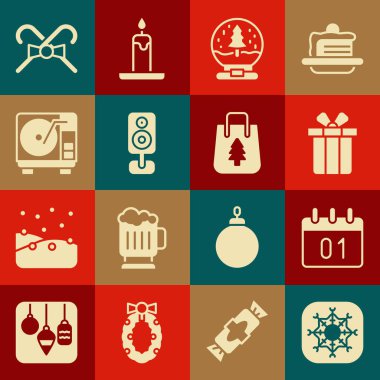 Set Kar Tanesi, Takvim, Hediye Kutusu, Noel kar küresi, Stereo hoparlörü, vinil diski, şeker kamışı ve alışveriş poşeti ikonu olan vinil çalar. Vektör