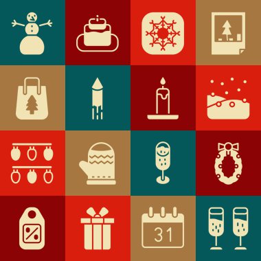 Bir kadeh şampanya, Noel çelengi, Kar Tanesi, Havai fişek, alışveriş çantası, kardan adam ve yanan mum ikonu. Vektör