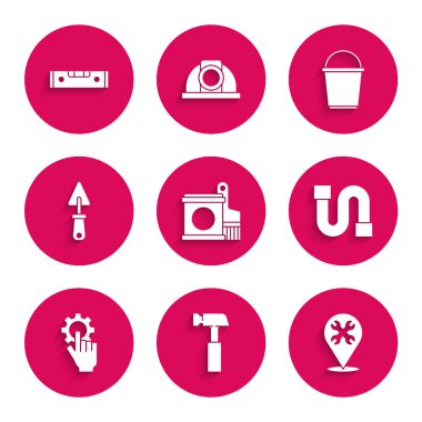 Boya kovası ve fırçayı ayarla, Hammer, anahtar, endüstriyel boru, el ayarları, Trowel, Kova ve Yapı baloncuk seviyesi simgesi. Vektör