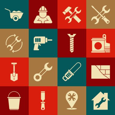 Ev onarımı, tuğla, boya kovası ve fırça, çekiç anahtarı, elektrikli matkap, iş akışı olarak İngiliz okları, Wheelbarrow ve metal vida ikonu. Vektör