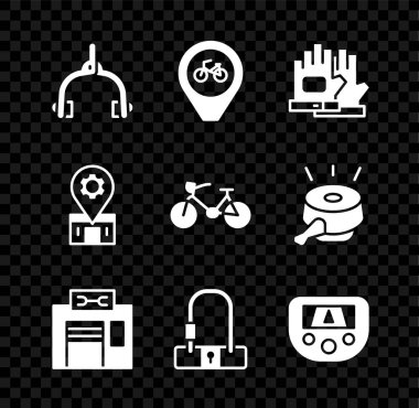 Bisiklet fren kalibrelerini, bisikleti, eldivenleri, tamir hizmetini, kilidi, GPS aygıtı haritasını ve ikonu olan konumu ayarla. Vektör