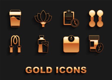 Cam, Dumbbell, vitamin hapı, banyo terazisi, atlama ipi, spor eğitimi programı, cam ve nilüfer çiçeği ikonu. Vektör