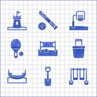 Top, kürek oyuncağı, çift salıncak, kum kovası, tekne, raket, basketbol sehpası ve kule ikonu ile voleybol ağı kur. Vektör