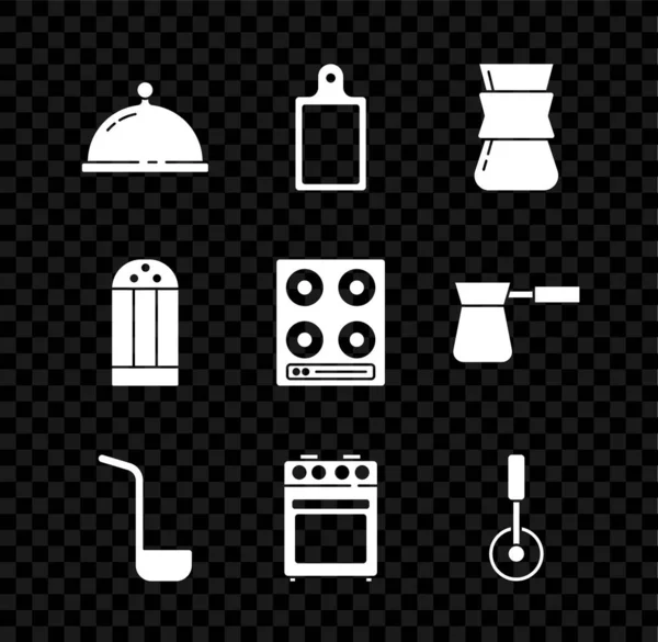 集食品托盘，切菜板，咖啡土耳其，厨房勺，烤箱，比萨刀，盐和煤气炉图标。B.病媒 — 图库矢量图片