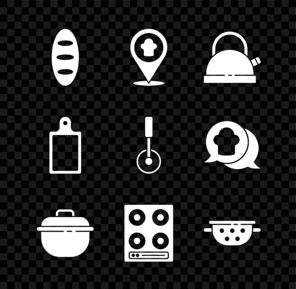 Set Pan pan, sombrero de chef con ubicación, mango de hervidor, olla de cocina, estufa de gas, colador de cocina, tabla de cortar y el icono de cuchillo de pizza. Vector — Archivo Imágenes Vectoriales