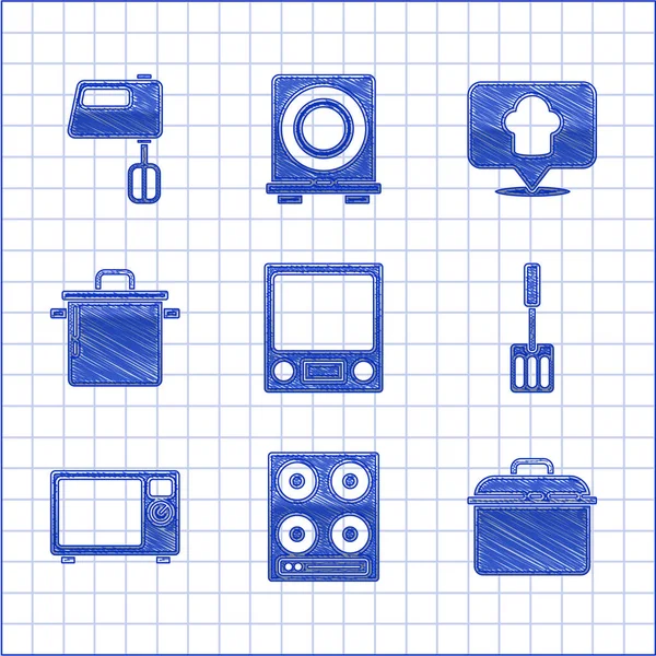 전자 스케일, 가스 스토브, 요리 팟, 스파 툴라, 마이크로웨이브 오븐, 위치와 일렉트릭 믹서 아이콘 이 있는 셰프 모자. Vector — 스톡 벡터