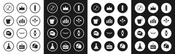 Set Candy, Music equalizer, Cocktail, note, tone, Firework, Crown, and Vip in speech bubble icon. Vector — Stock Vector