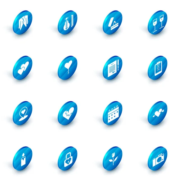 Keman, alyans, şampanya kadehi, kalple yer, balon formu, pano kontrol listesi ve evlilik sözleşmesi ikonu. Vektör