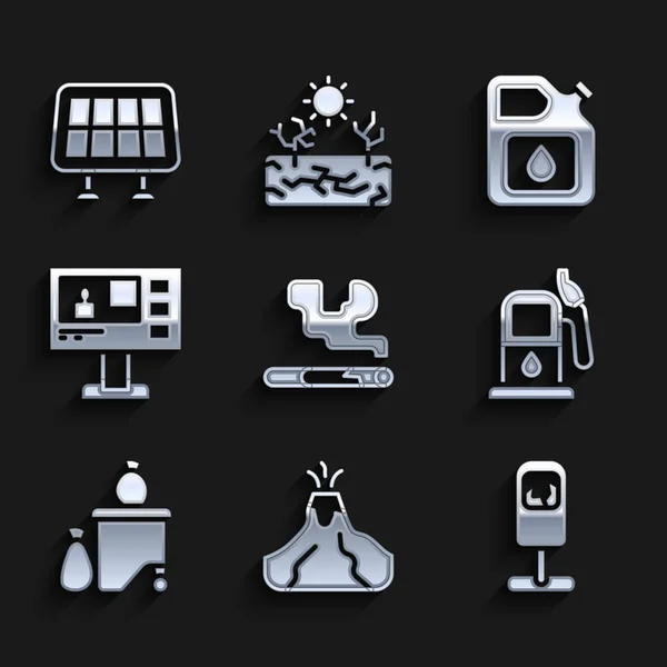 Set de cigarrillos, erupción del volcán con lava, Papelera, Gasolinera o gasolinera, cubo de basura completo, informe de televisión, Bote para gasolina y panel de energía solar icono. Vector — Archivo Imágenes Vectoriales