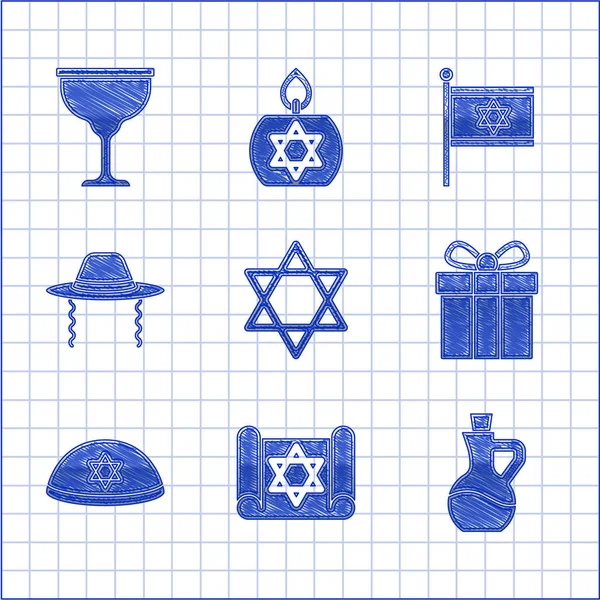 Set Davidstern, Torarolle, Flasche Olivenöl, Geschenkbox, jüdische Kippa, orthodoxer Judenhut, Israel-Fahne und Kelch-Ikone. Vektor — Stockvektor