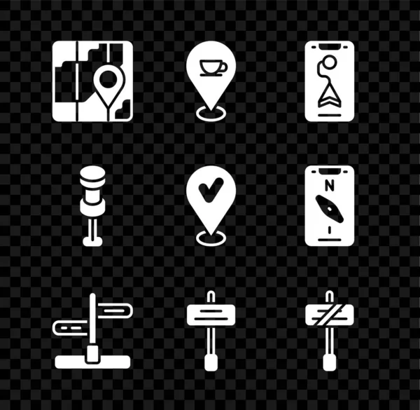 Ange Citykarta navigering, Plats med kaffekopp, Vägtrafikskylt, Tryck stift och markera ikonen. Vektor — Stock vektor
