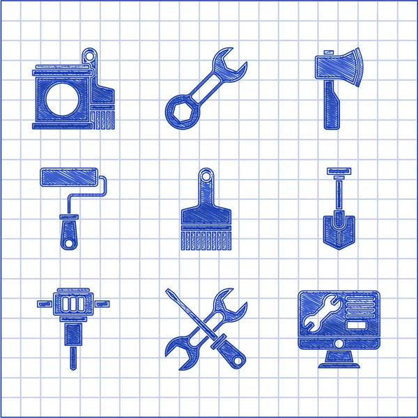 Set Pincel de pintura, destornillador y llave inglesa, servicio de monitor de computadora, pala, martillo neumático de construcción, rodillo, hacha de madera e icono de cubo. Vector — Vector de stock