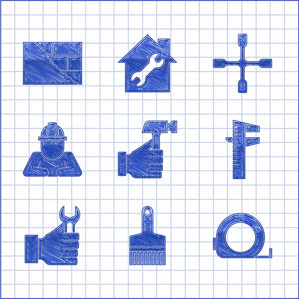 Set Hammer, Paint brush, Roulette construction, Calliper or caliper and scale, Wrench spanner, Builder, Wheel wrench and Bricks icon. Vector — Stock Vector