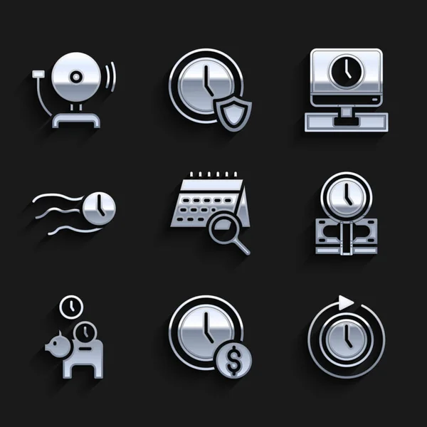 Definir Calendário de pesquisa, Tempo é dinheiro, Relógio com seta, Piggy Bank moeda, voa o relógio, Monitor de tempo e toque de alarme ícone sino. Vetor —  Vetores de Stock