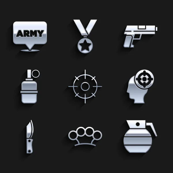 Set Target sport, articulations en laiton, grenade à main, couteau militaire, pistolet et icône de l'armée. Vecteur — Image vectorielle