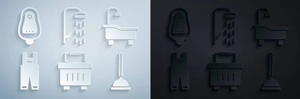 Set Werkzeugkiste, Badewanne, Arbeitsanzug, Gummikolben, Dusche und Toilette Pissoir-Symbol. Vektor — Stockvektor