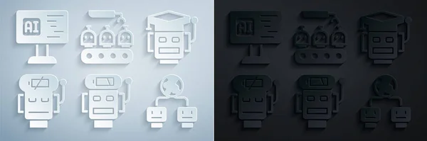 Set Roboter niedrige Batterieladung, Künstliche Intelligenz, industrielle Produktion von Robotern und Software-Symbol. Vektor — Stockvektor