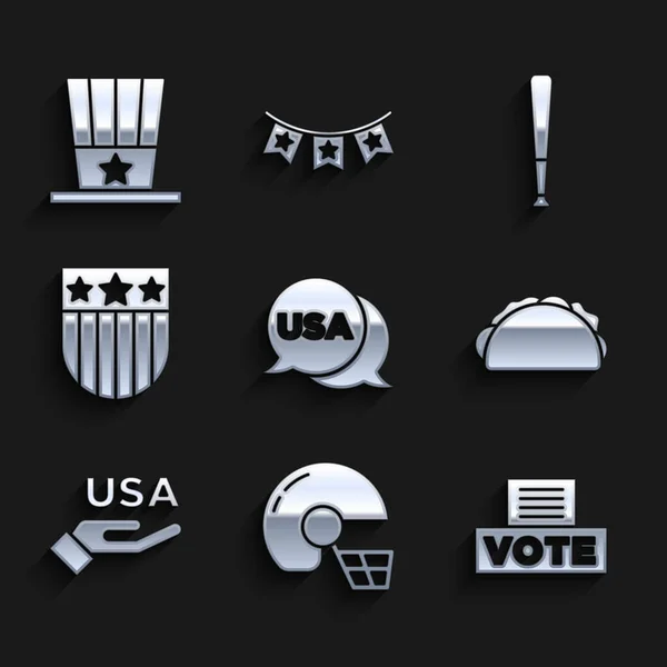 Definir dia da independência dos EUA, capacete de futebol americano, caixa de voto, Taco com tortilla, Estrelas de escudo, bastão de beisebol e ícone de chapéu superior Patriótico. Vetor —  Vetores de Stock