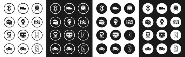 Set Zug, Standort mit Taxi, Taxi-Anruftelefon, Ampel, Auto, Stadtplan-Navigation und Hochgeschwindigkeitszug-Symbol. Vektor — Stockvektor