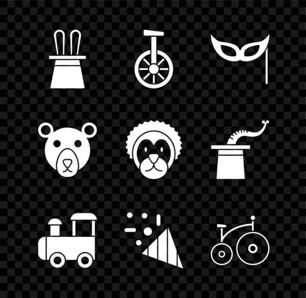 Set de orejas de conejo y sombrero de mago, monociclo o bicicleta de una rueda, máscara festiva, tren de juguete, confeti, Vintage, cabeza de oso y león salvaje icono. Vector — Vector de stock