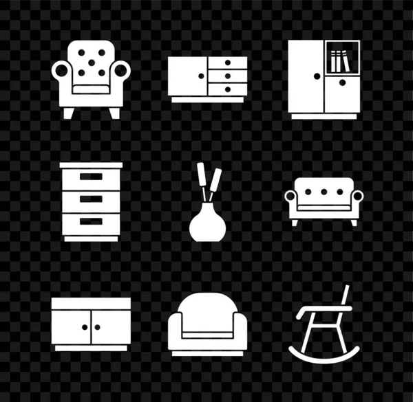 Set Armchair, Chest of drawers, Wardrobe, Furniture nightstand and Vase icon. Vector — 스톡 벡터