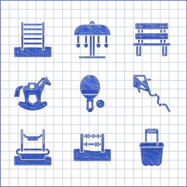 Set Racket en bal, Abacus, Zand in emmer, Vlieger, Bungee, Paard zadel schommel, Bank en Zweedse muur pictogram. Vector — Stockvector