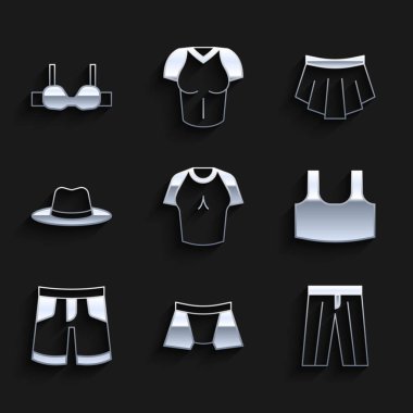 Tişört, erkek iç çamaşırı, pantolon, atlet, kısa gömlek ya da erkek şapkası, etek ve sutyen. Vektör